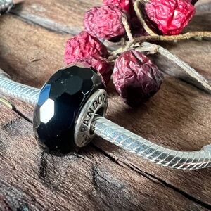 Authentic Pandora Black Murano Fascinating Faceted Charm Silver Glass Bead